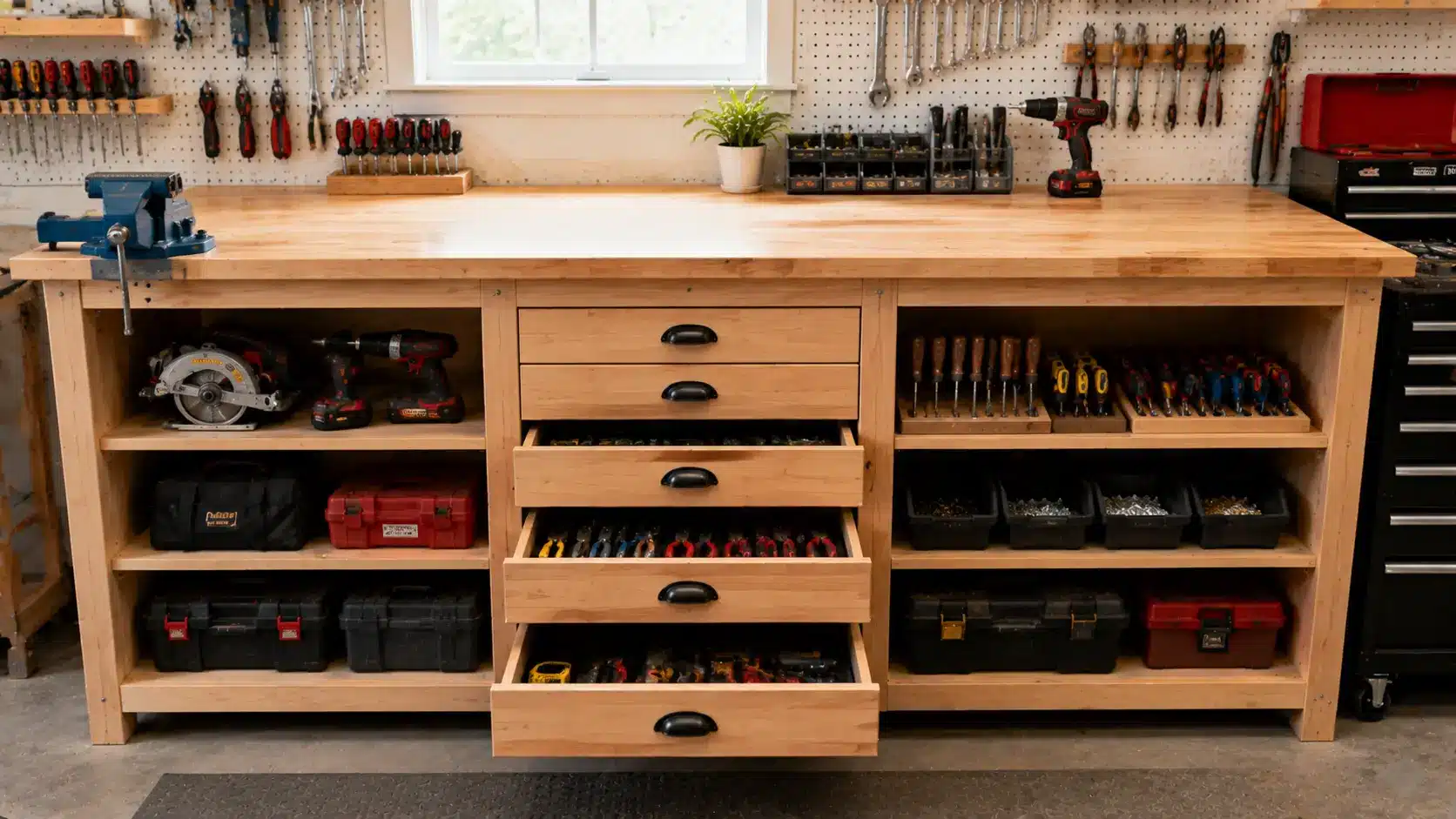 Under-bench drawers and shelves with tools