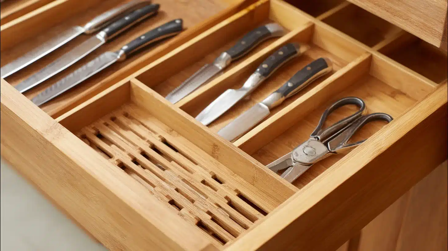 Bamboo knife tray in drawer keeping knives upright and kitchen shears together neatly.