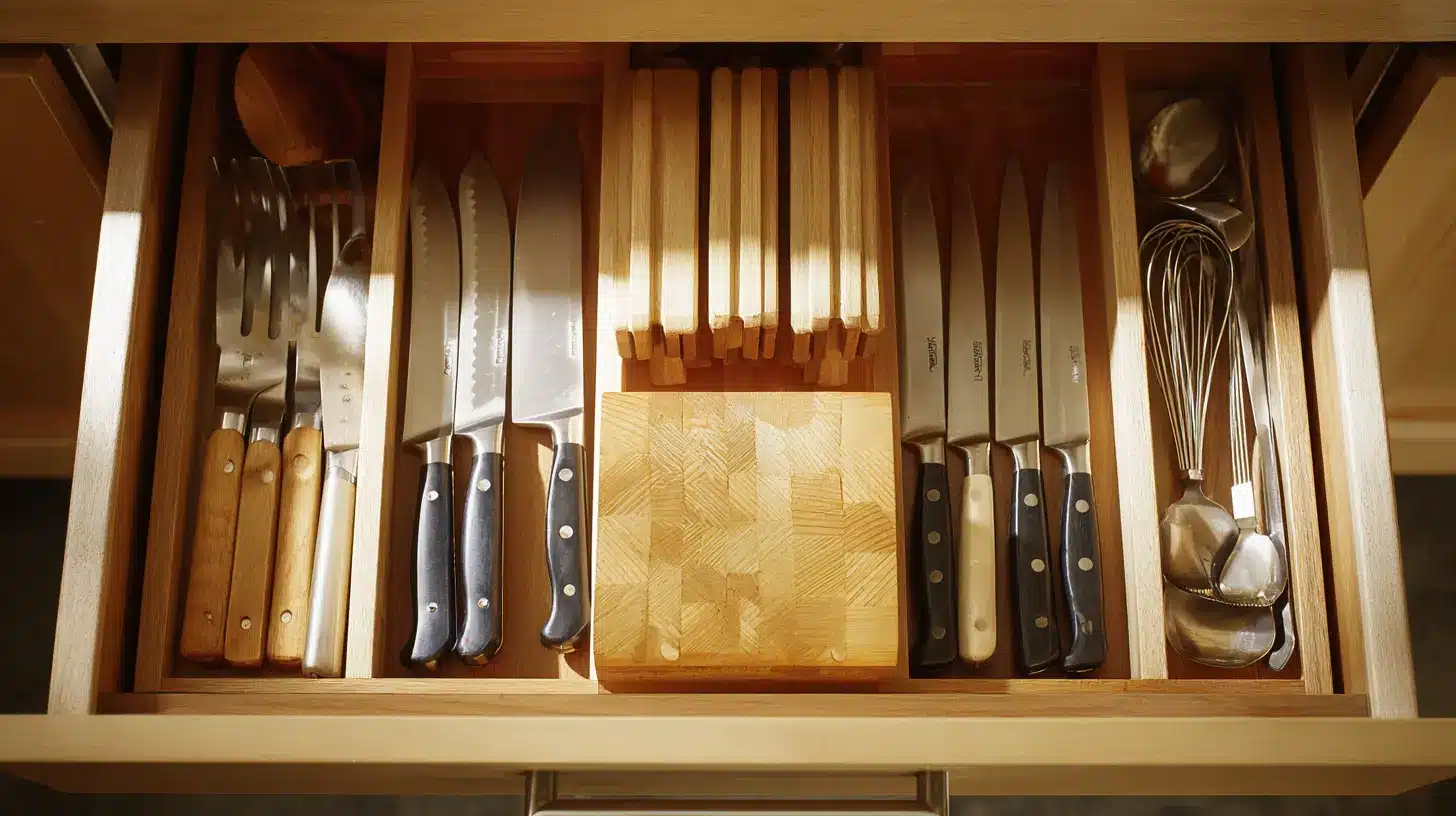Wooden in-drawer knife block holding each knife in its own slot for safe storage.