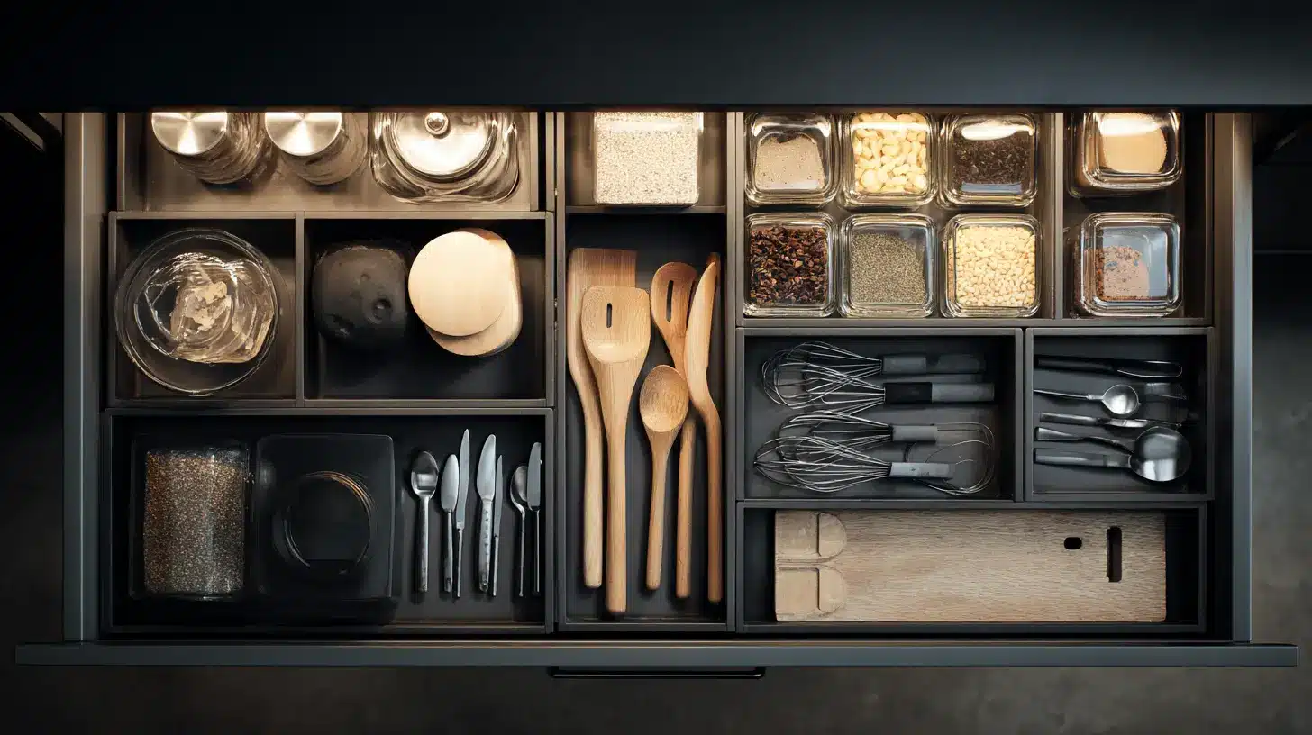 Deep kitchen drawer with small bins organizing utensils, sponges, and small tools to prevent clutter.