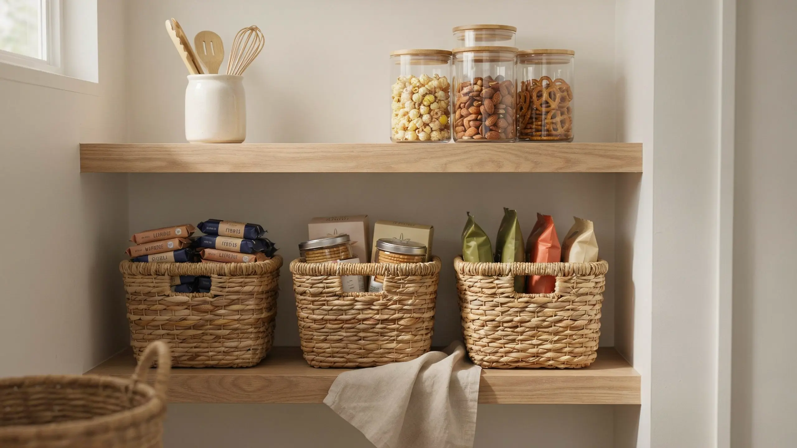 Baskets for grab-and-go snacks, dried fruit, and nuts on pantry counter.
