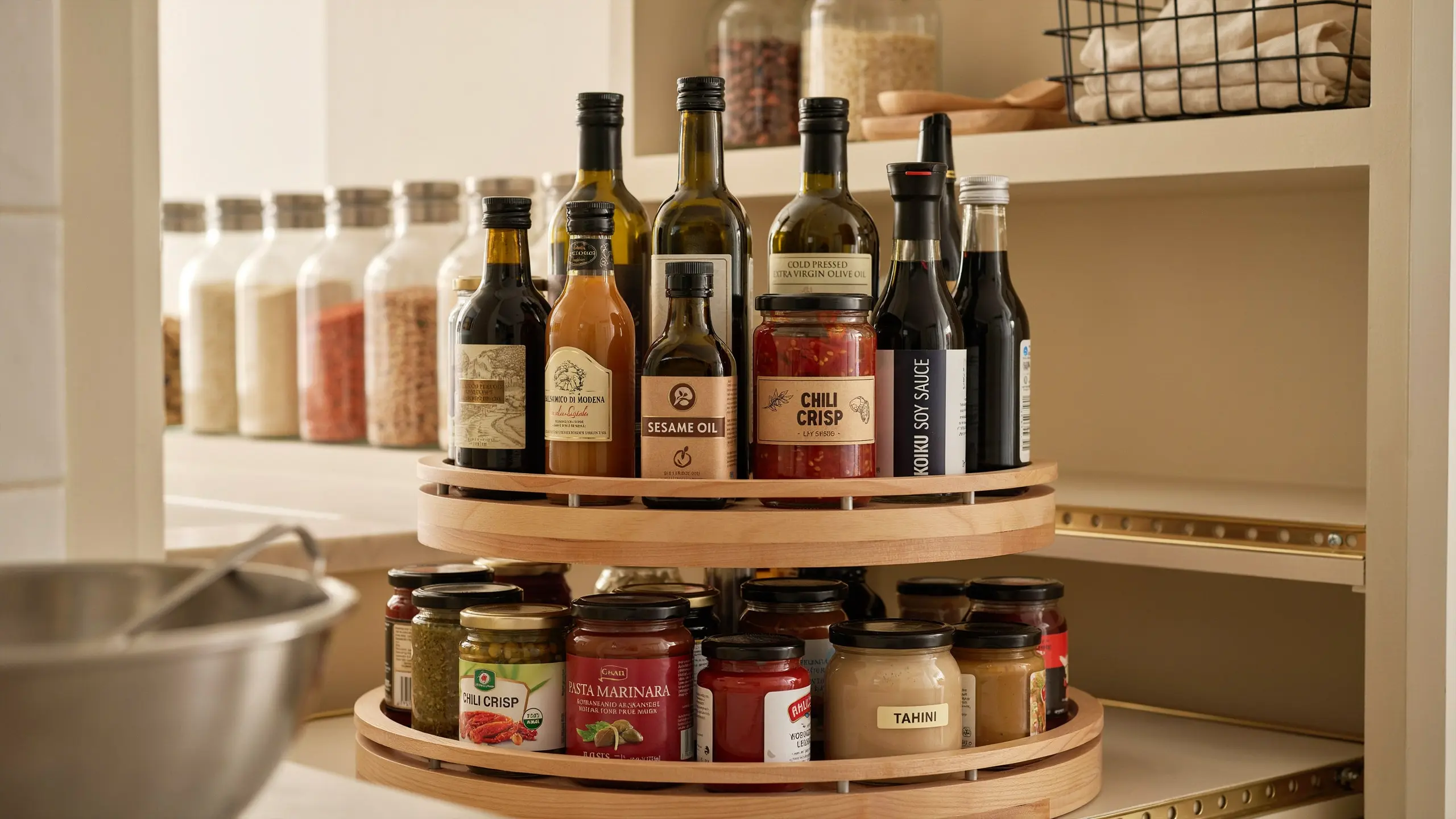 Rotating lazy Susans in pantry holding oils, sauces, and condiments with neatly arranged bottles and jars.