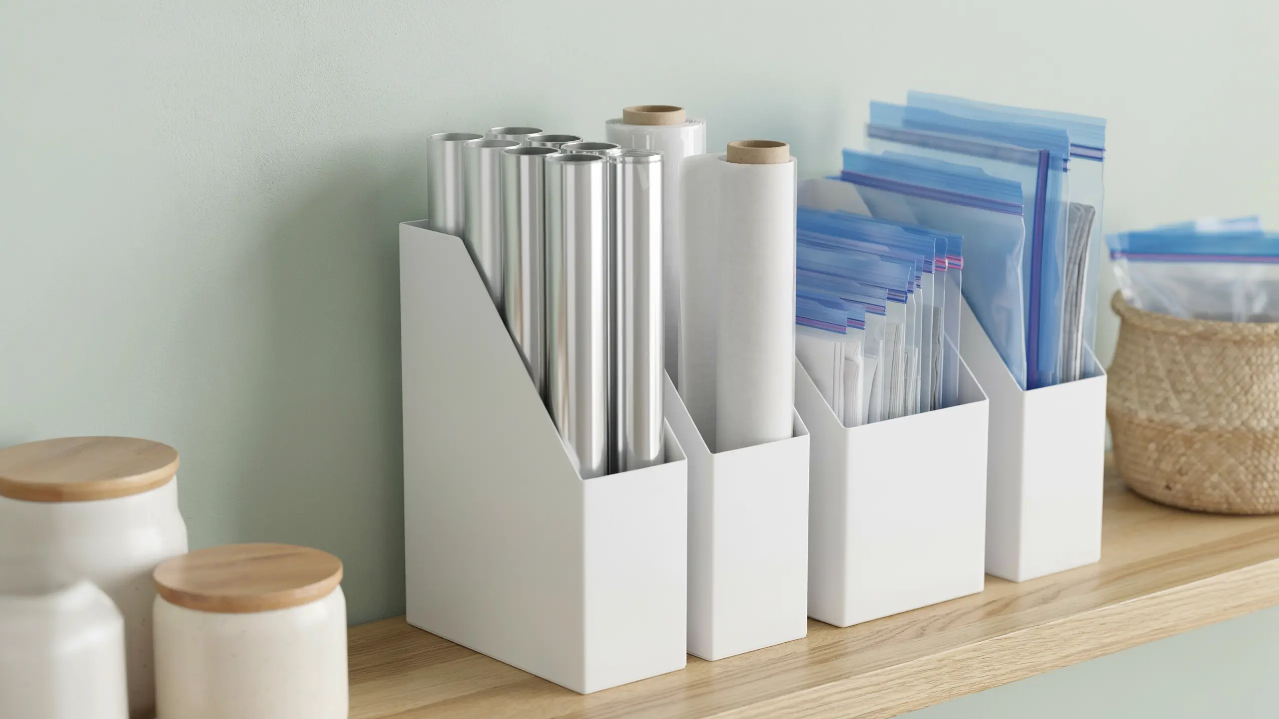 Magazine holders storing wraps, foil, and snack packets neatly.