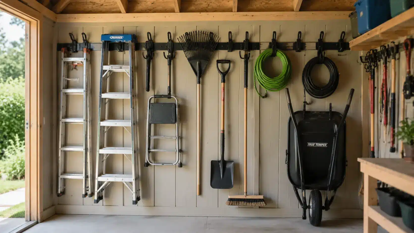 Utility hooks holding large shed tools