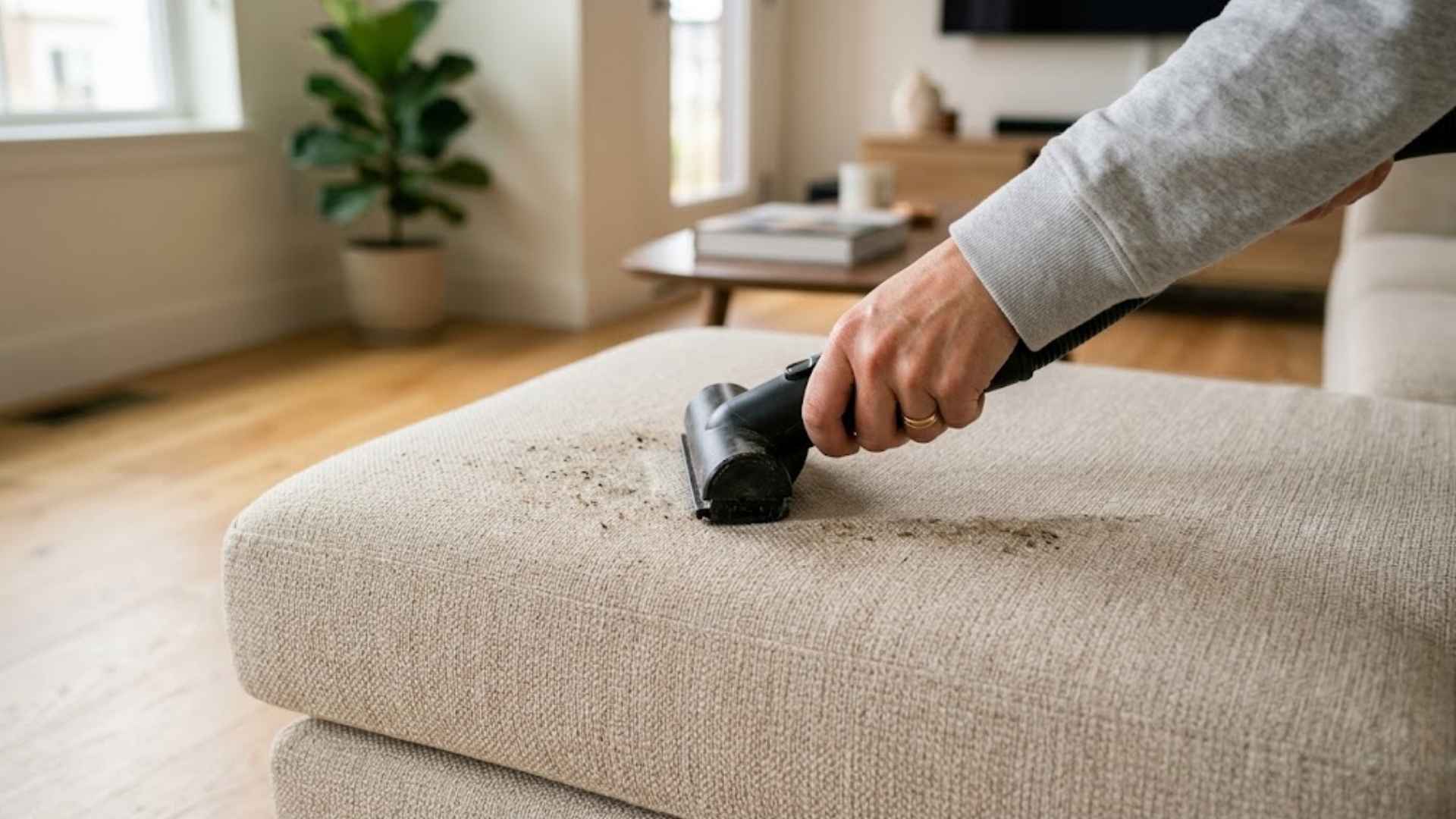 Woman vacuuming light beige sofa with black attachment, removing dust, close-up fabric detail.