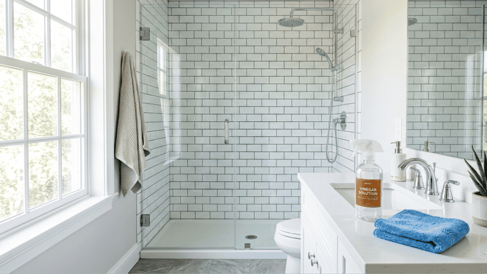 Spotless glass shower door and shiny fixtures after removing hard water stains using a vinegar cleaning solution.