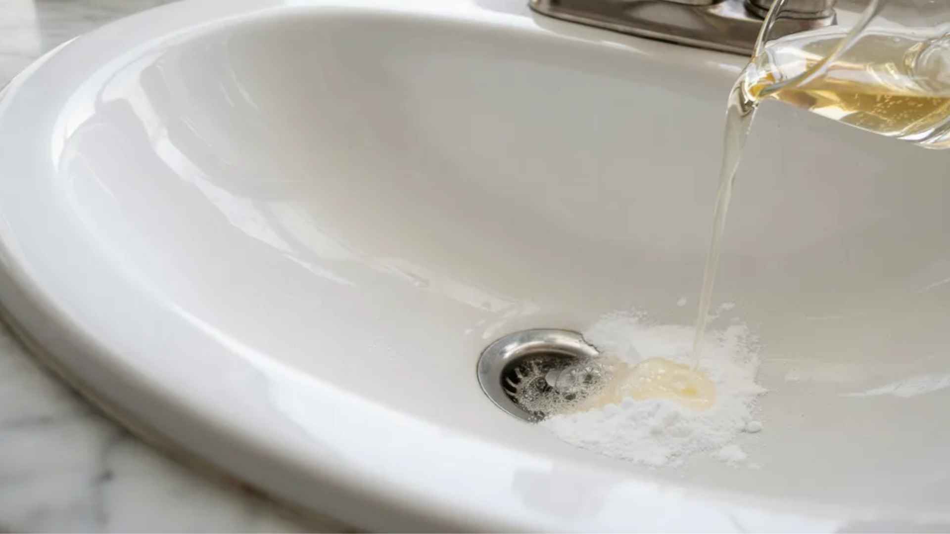 Baking soda and vinegar fizzing in a sink drain to clear a minor clog