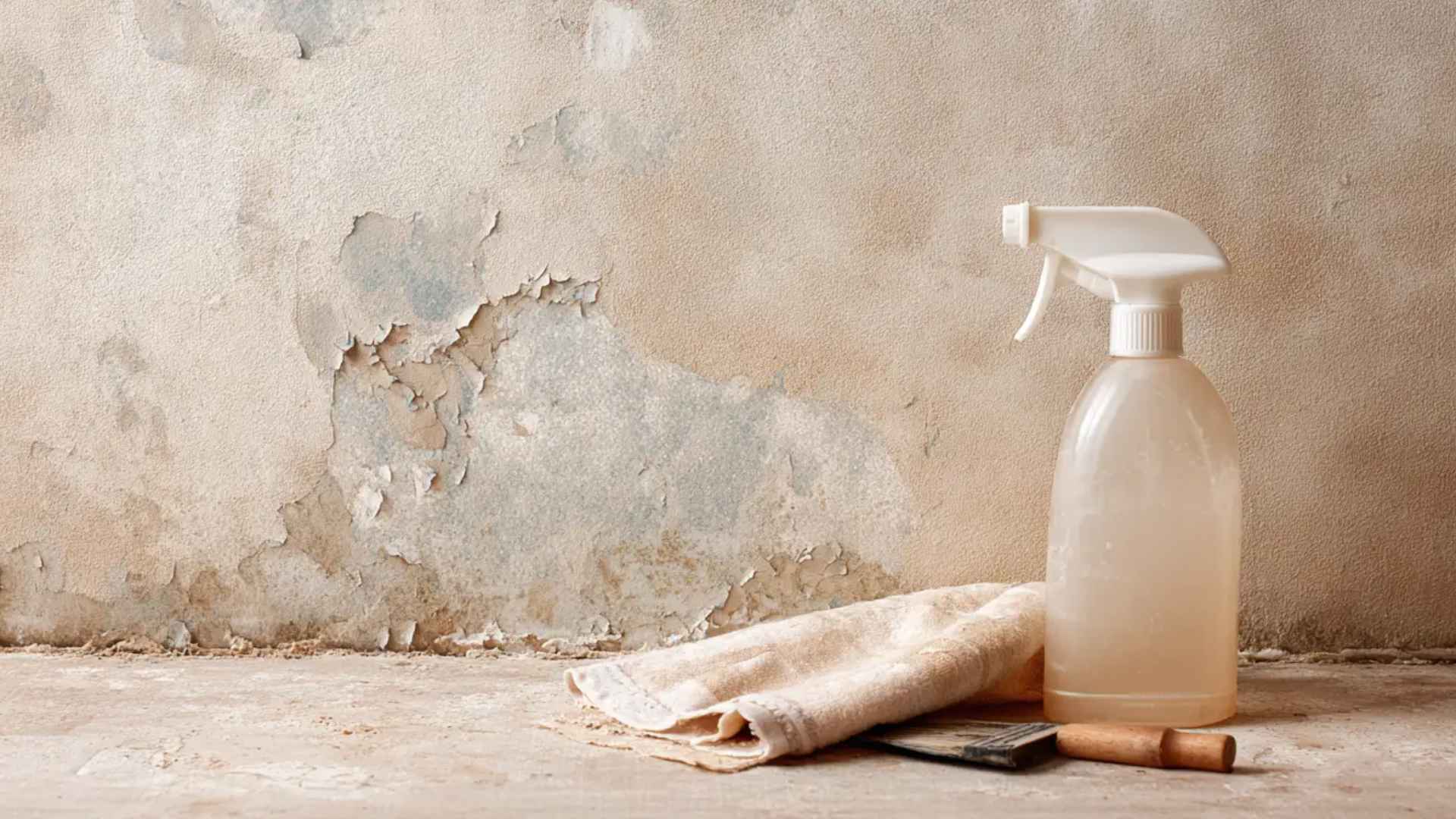 Spray bottle and cloth placed on floor in front of peeling, damaged wall, ready for adhesive removal or wall cleaning.