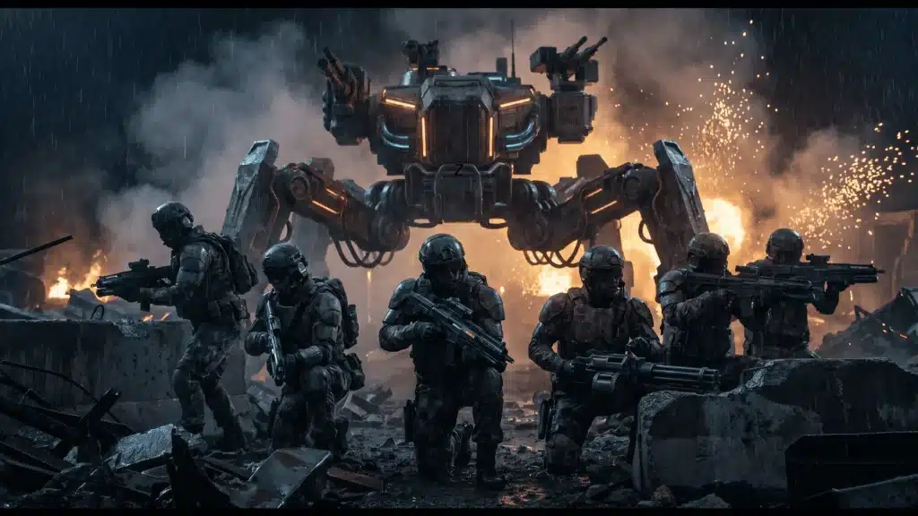 Military squad facing a massive futuristic war machine in a smoky battlefield with explosions and dramatic lighting.