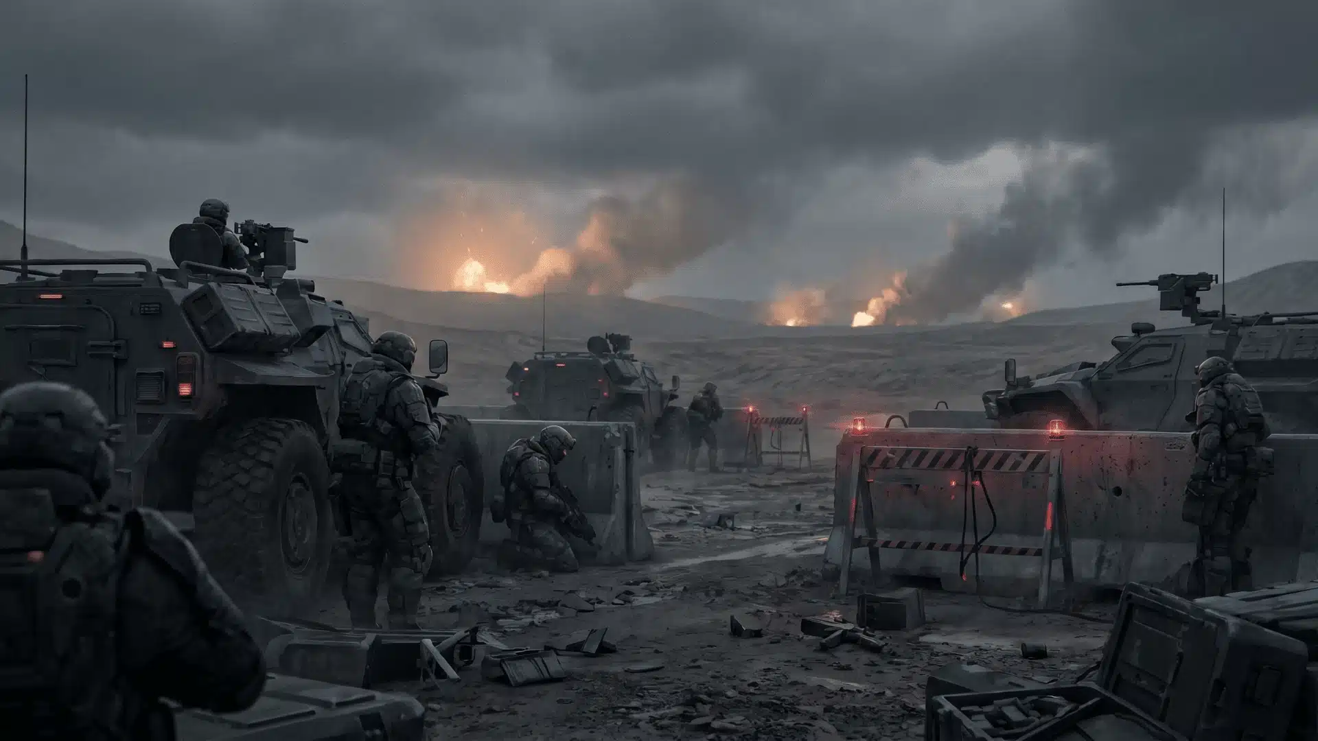 Soldiers standing in a smoky destroyed battlefield with damaged machinery and a tense post-combat atmosphere.