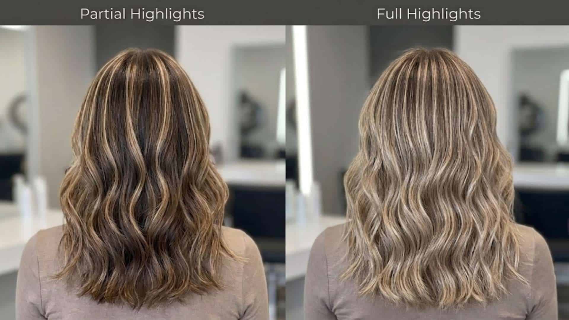 Side-by-side comparison of partial vs full highlights on wavy hair showing dimension and brightness difference