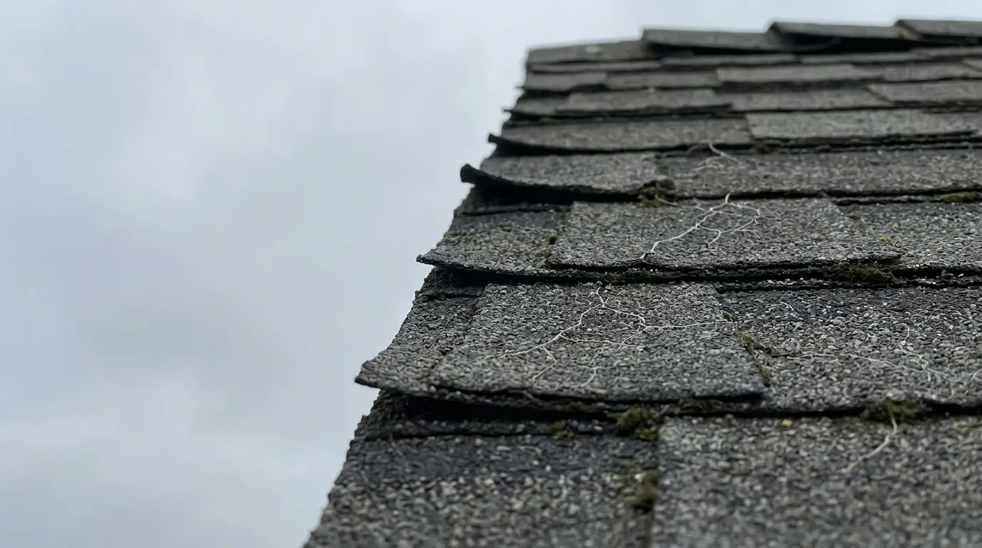 Worn asphalt roof shingles with visible cracks under overcast sky