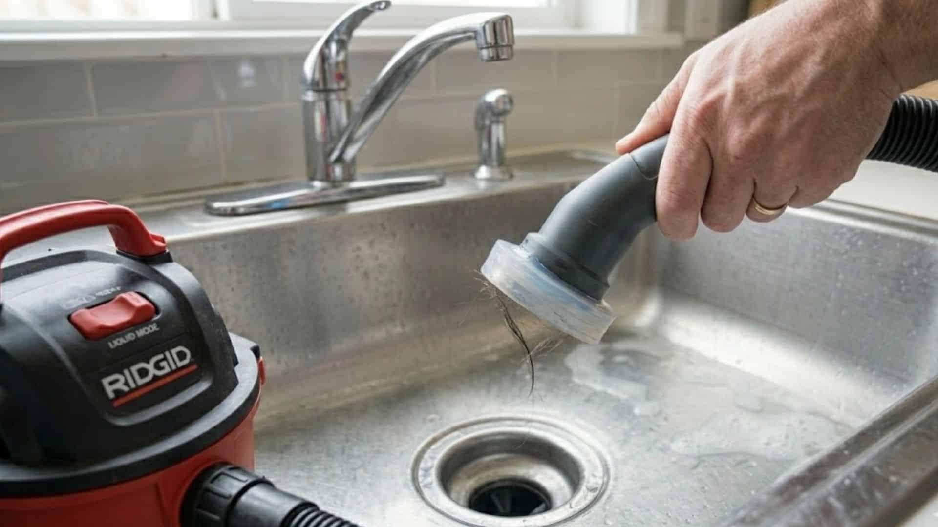 Hand using a drain cleaning vacuum tool to remove a clump of hair from a stainless steel sink drain, with a RIDGID drain machine visible on the left side of the sink.