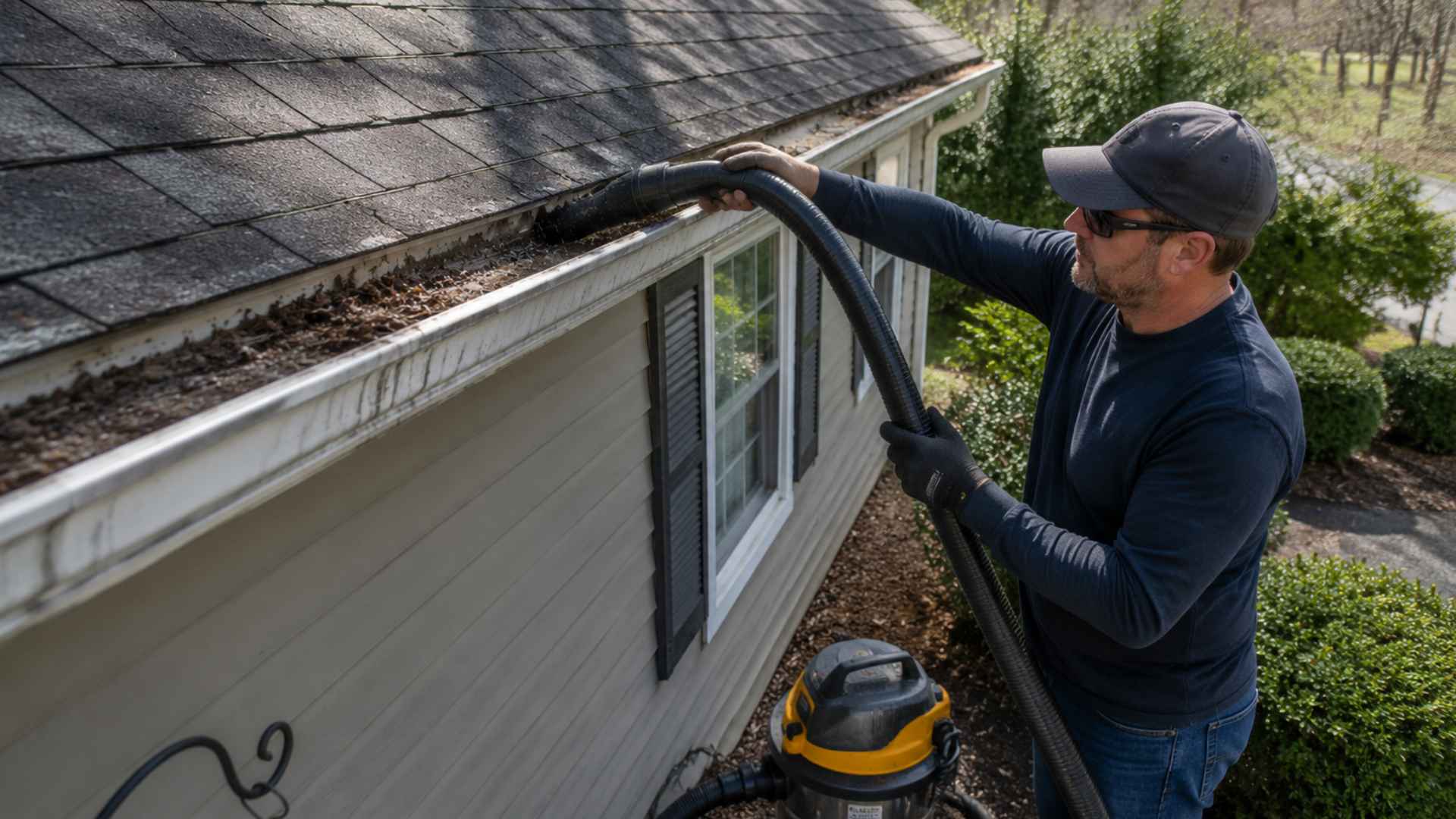 Person using a wet/dry vacuum with extension hose to remove debris from gutter, standing on the ground.