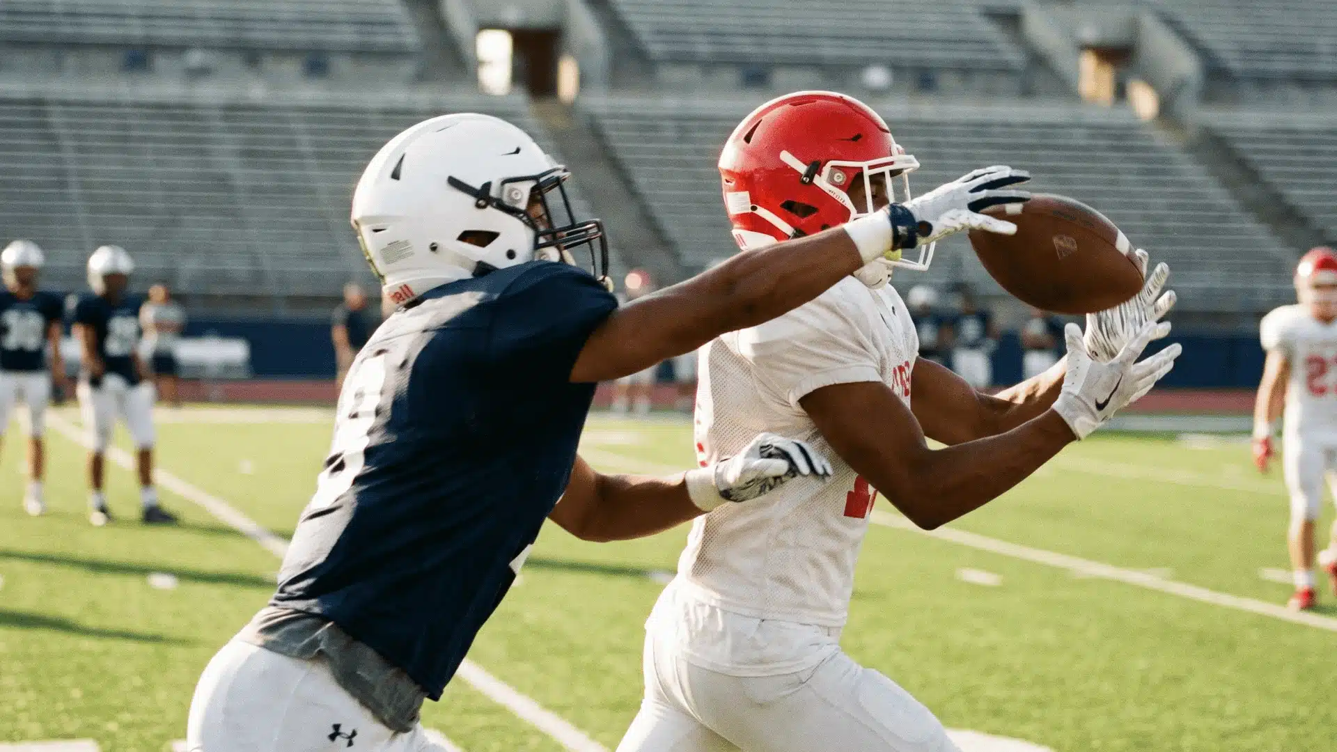Defensive player swatting the ball away from a receiver, showing a recorded Pass Breakup