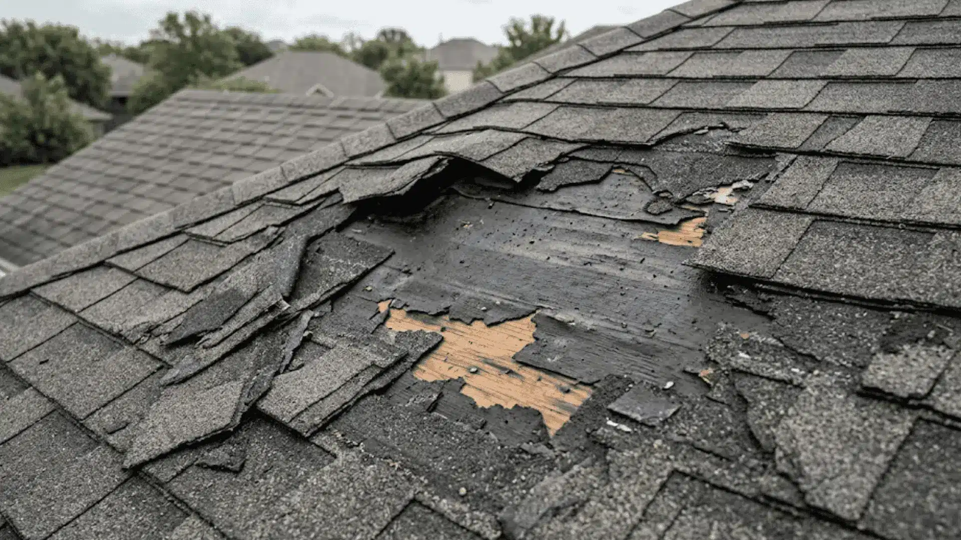 Damaged roof with missing shingles that can cause water leaks and roof damage.
