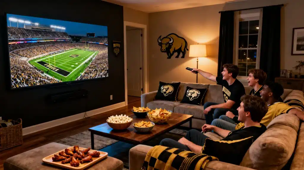 Friends watching football game on large TV in cozy living room with snacks on table
