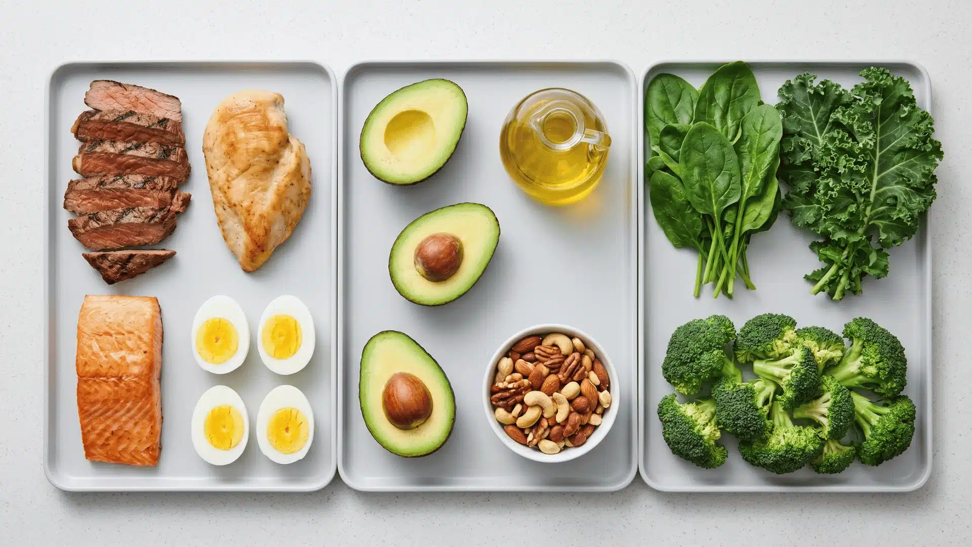 Balanced low-carb foods including steak, chicken, salmon, eggs, avocado, olive oil, mixed nuts, spinach, kale, and broccoli.