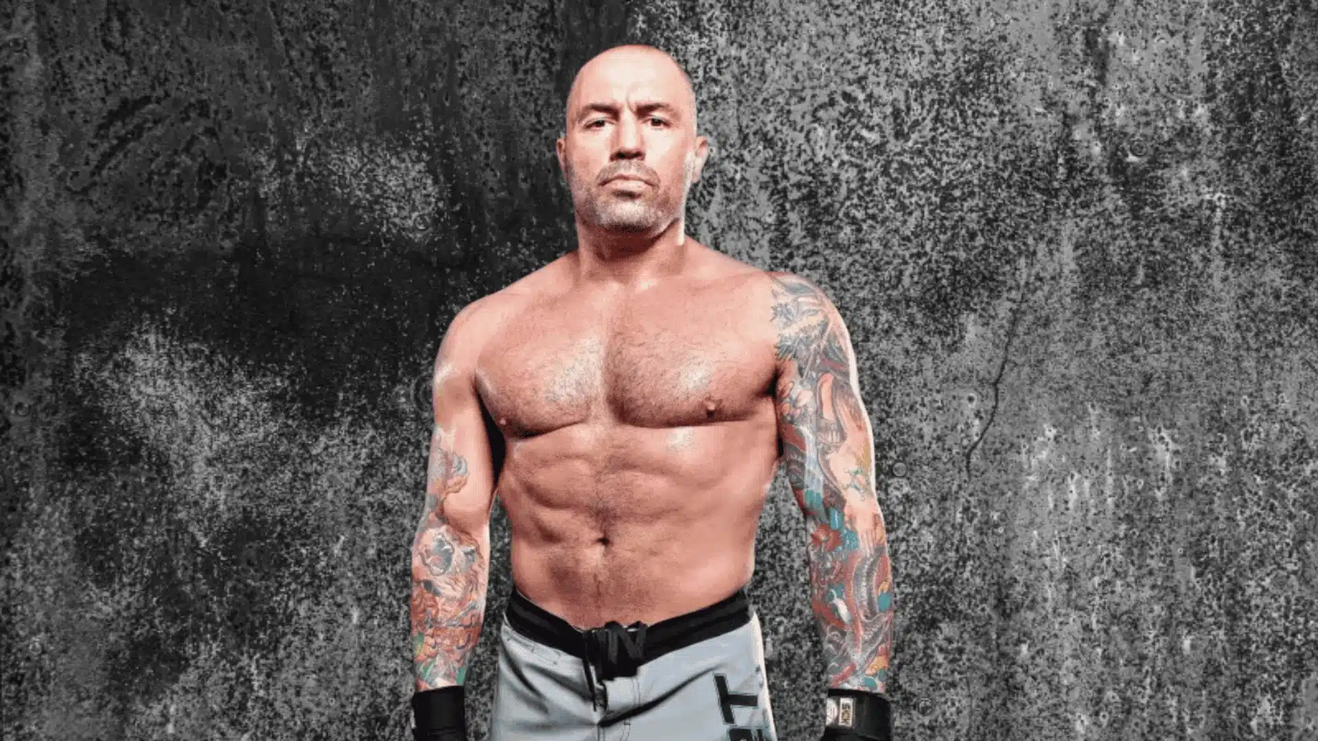 Muscular, tattooed man standing shirtless against a textured gray wall, showing a lean, athletic physique and serious expression.