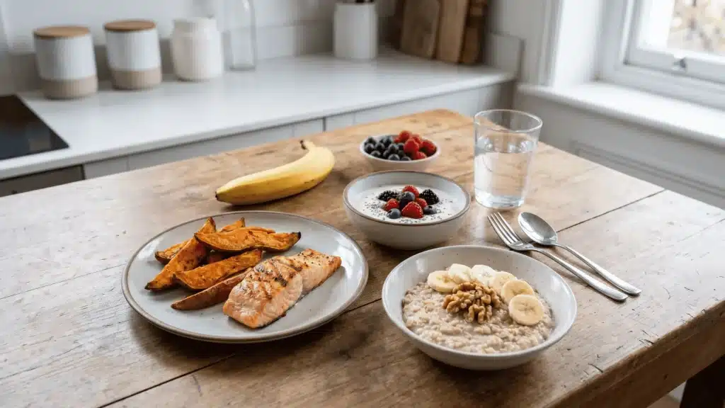 Assortment of post-workout recovery foods including salmon, sweet potato, yogurt, berries, banana, and oatmeal on a table.