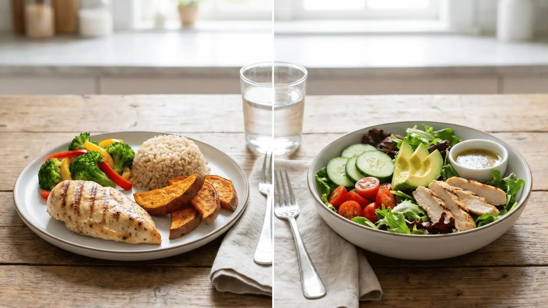 Balanced post-workout meal with protein and carbohydrates displayed beside a simple healthy salad