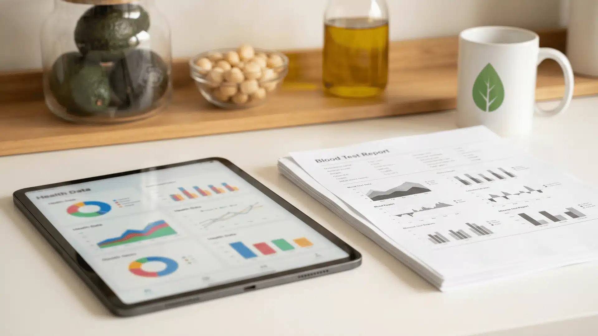 Health data and blood work guiding dietary changes alongside keto foods.