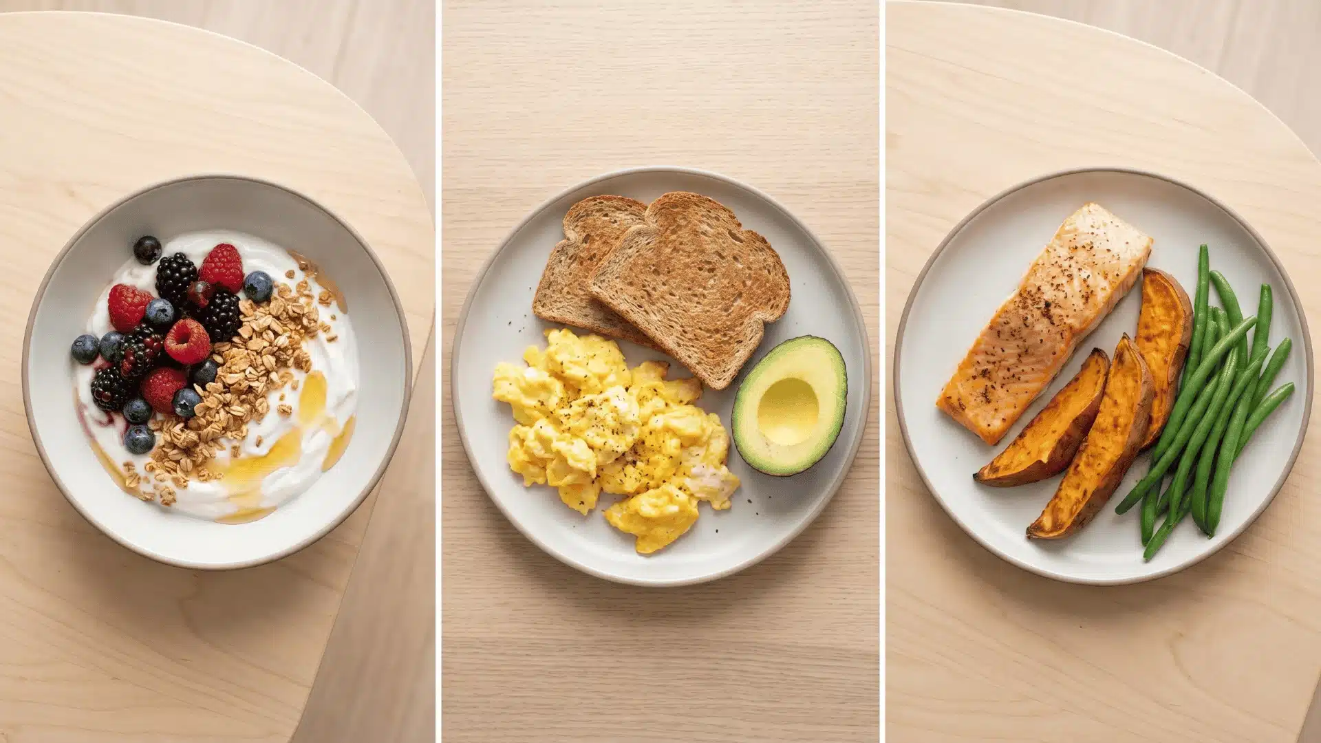 Three post-workout meal combinations featuring protein and carbohydrates for recovery