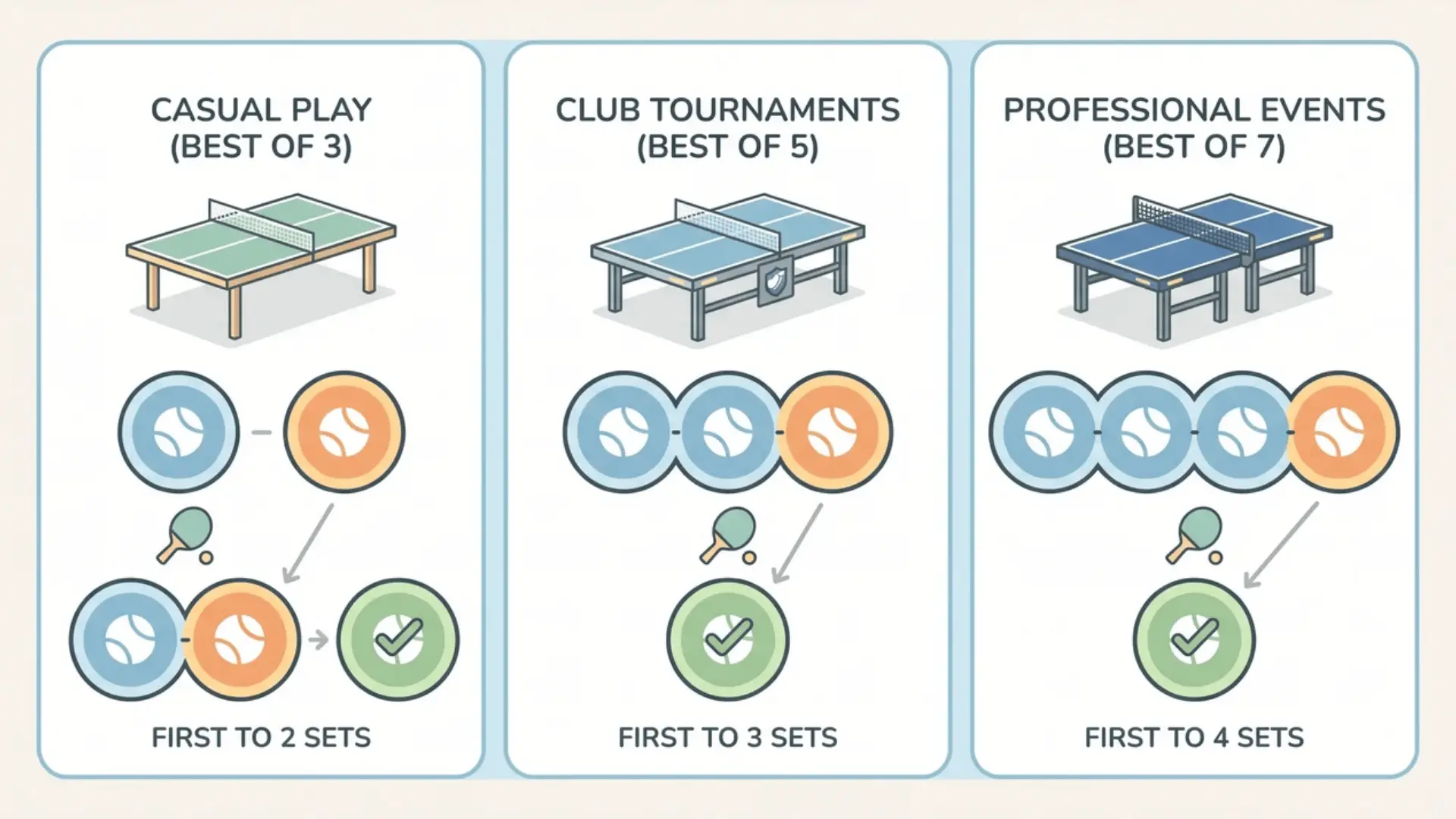 Illustration comparing best of 3, best of 5, and best of 7 table tennis match formats with set indicators