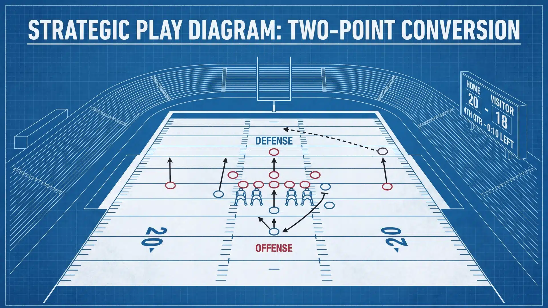 Offensive team attempting a two-point conversion with defensive formation illustrated on the field.