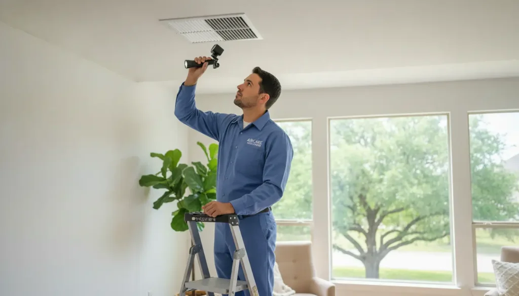 Technician inspecting ceiling vent with flashlight in bright living room with large windows