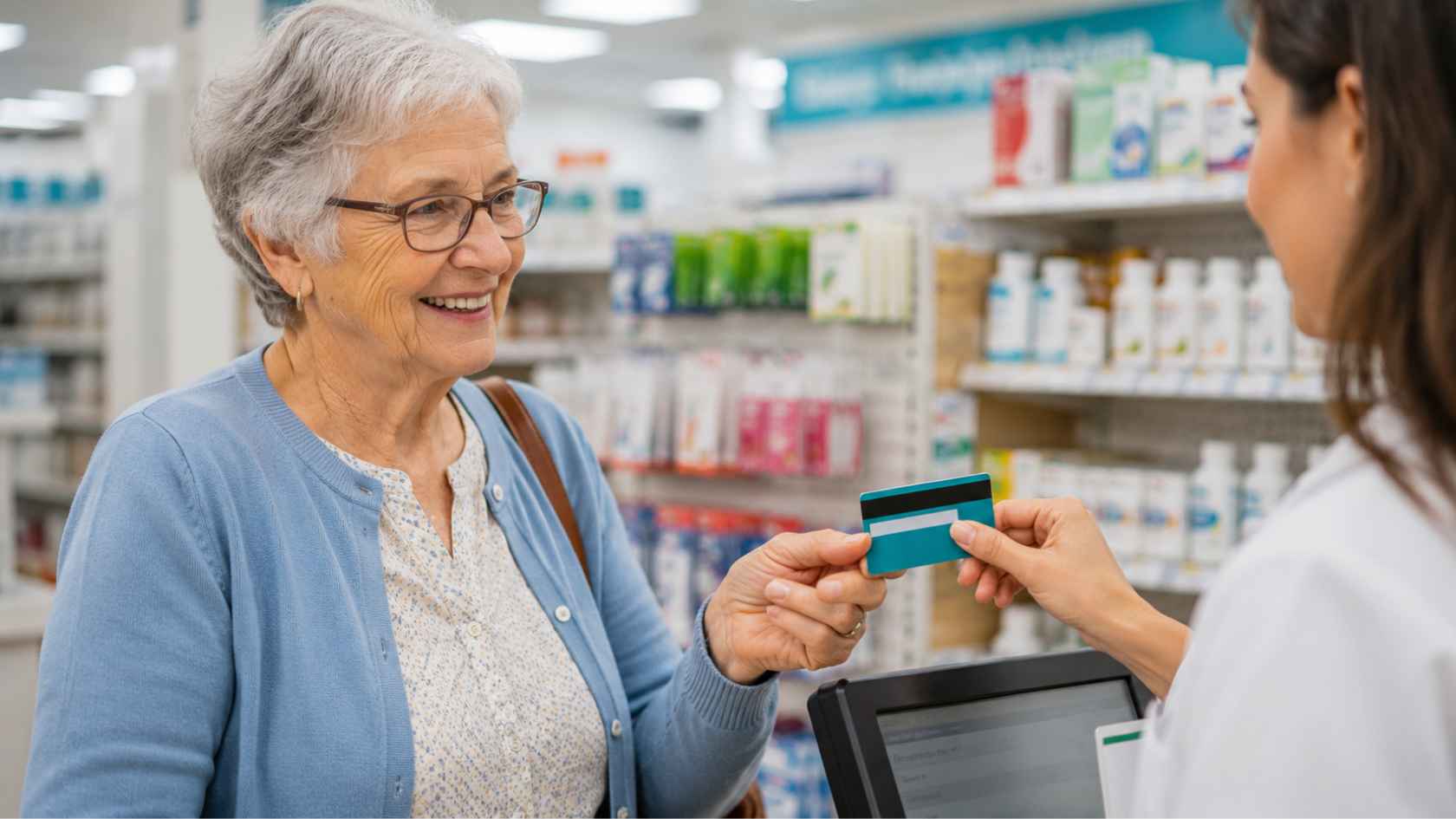 Elderly woman using a health allowance card at a pharmacy checkout counter for approved healthcare purchases.