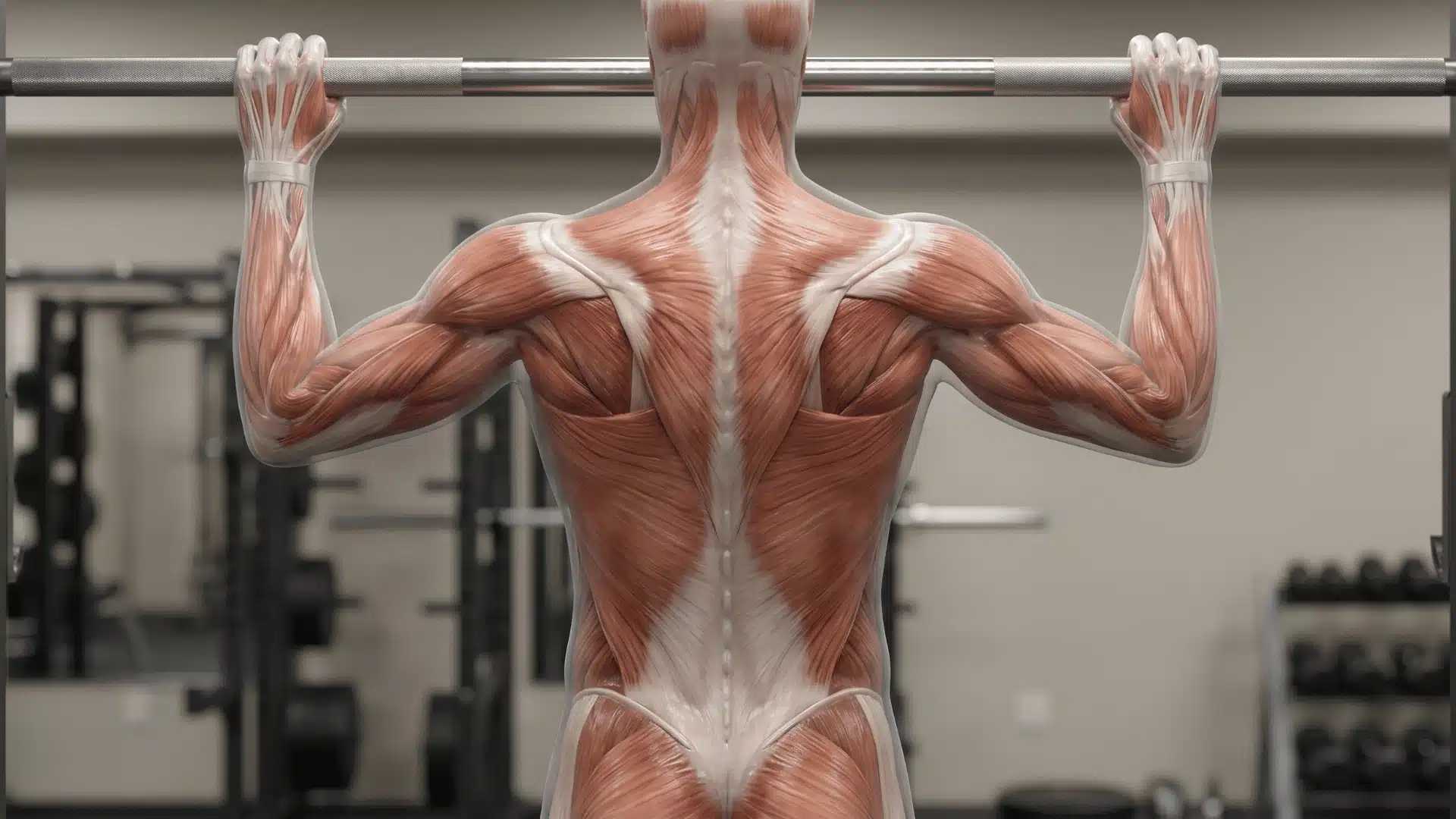 Shoulder and core muscles engaged while hanging from pull-up bar