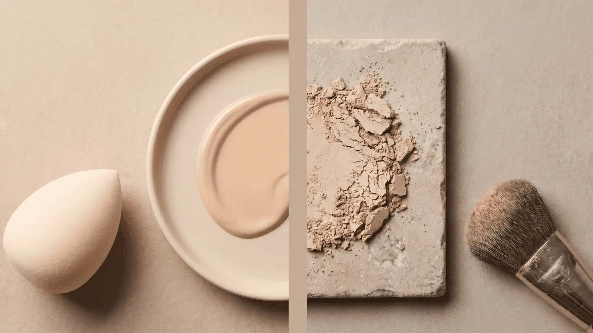 Side-by-side abstract comparison of smooth and textured foundation finishes on a neutral surface.