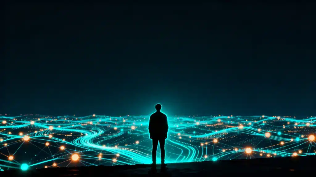 Silhouette of person standing before glowing digital network grid in dark environment