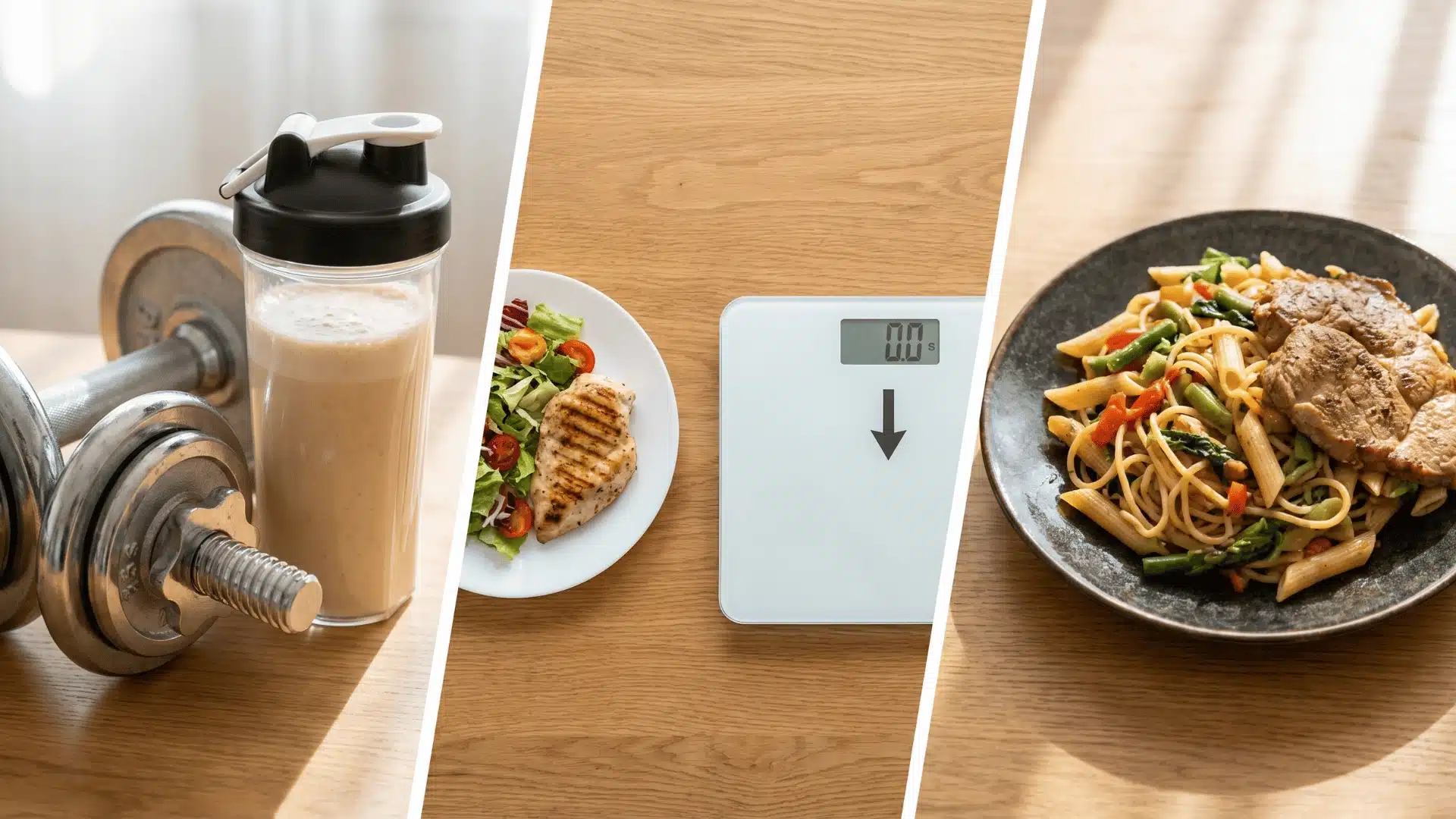 Three-way comparison of protein shake outcomes: fat loss, muscle gain, and weight gain.