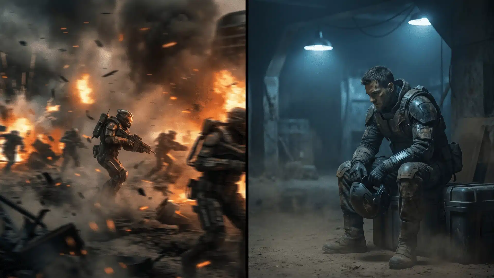 Split scene showing chaotic battlefield action contrasted with a calm reflective soldier in futuristic war setting.