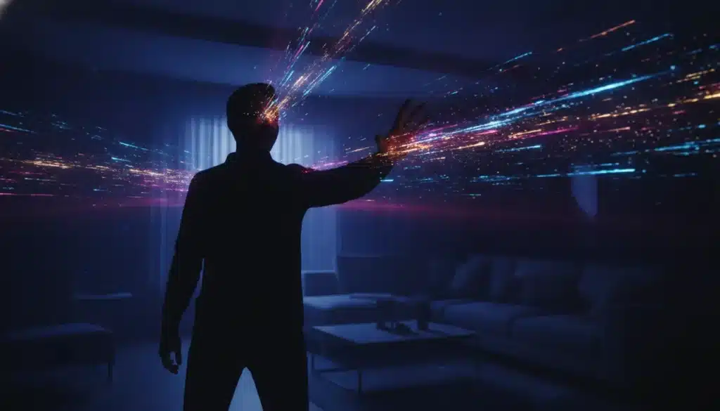 Silhouette of person interacting with futuristic digital lights in a dark living room setting
