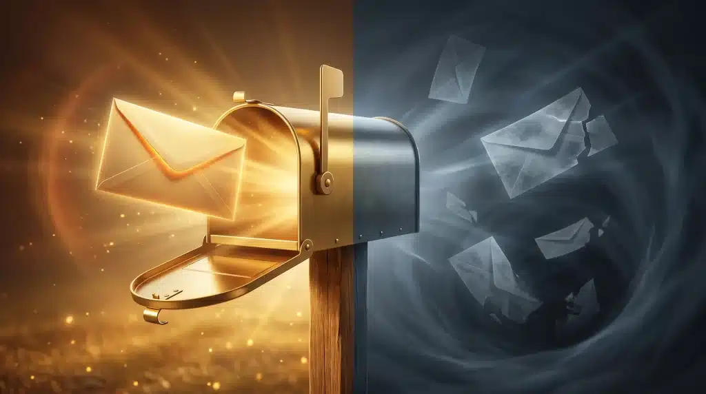 Golden mailbox with glowing envelope next to dark stormy scene with torn envelopes