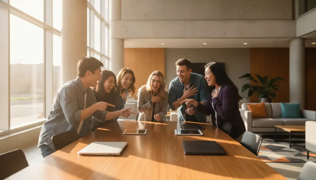 Group of people laughing around a conference table in a sunlit office setting
