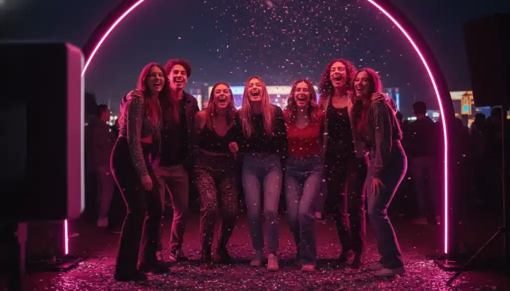 Group of friends laughing under pink neon lights at a nighttime event