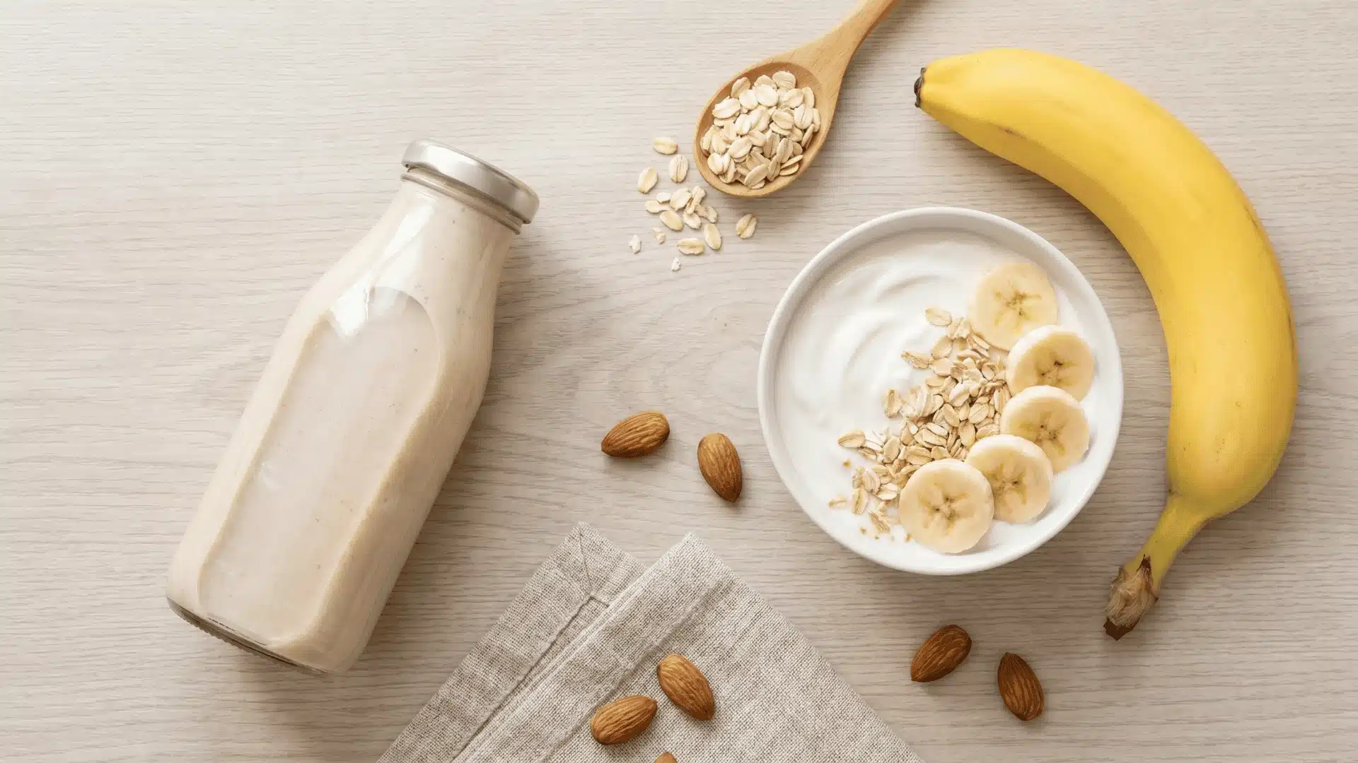 Protein shake, banana, oats, and yogurt arranged as a balanced post-workout recovery meal