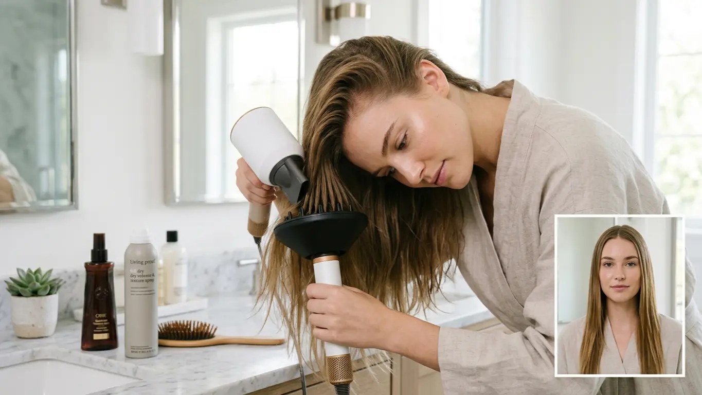 Woman using a diffuser on straight hair to create root volume, texture, and soft natural waves