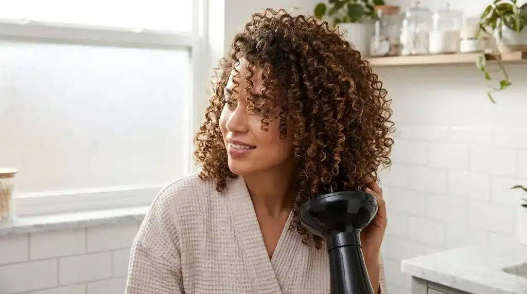Woman using a hair diffuser to create defined curls and volume