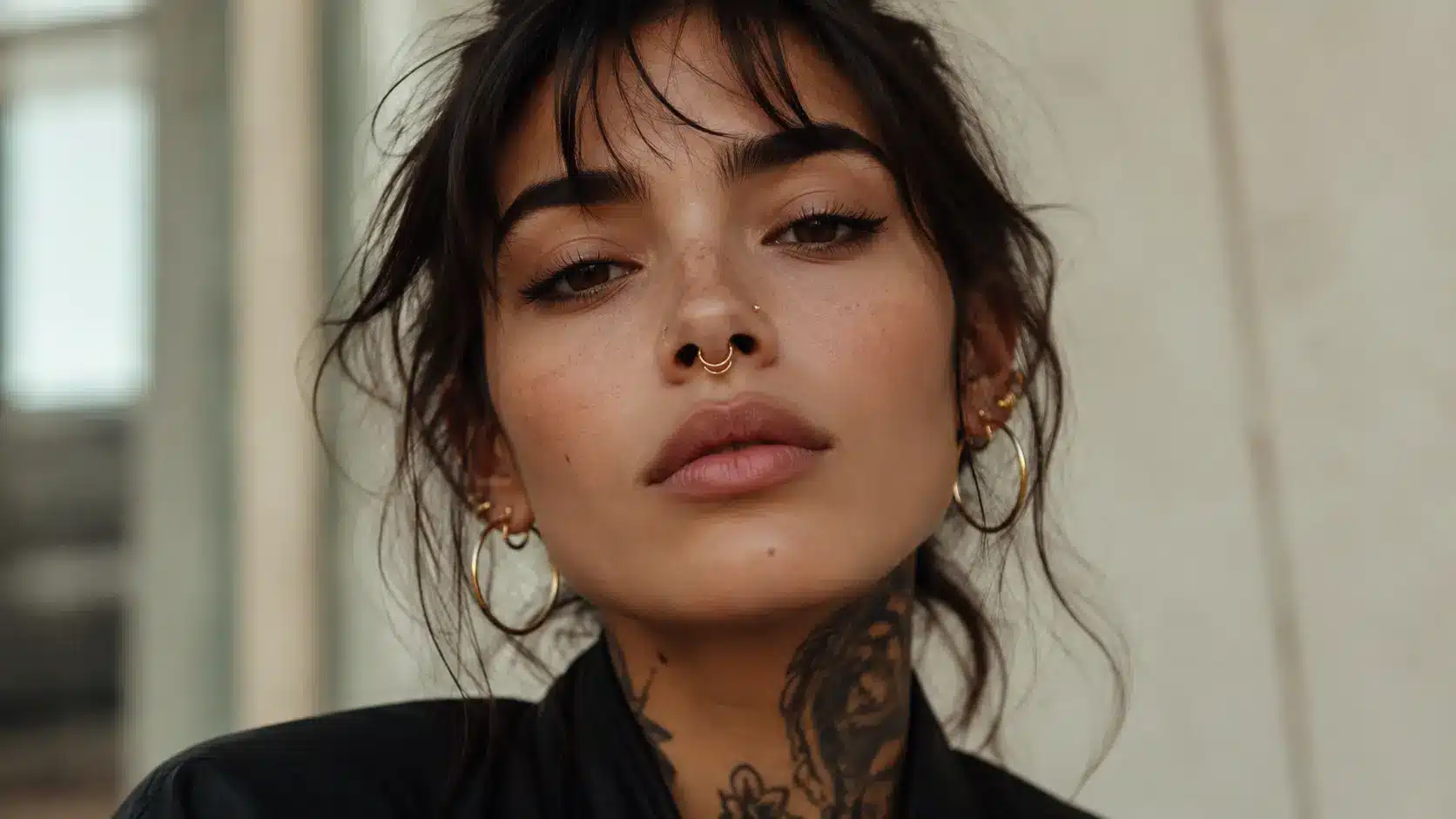 Woman with stacked septum rings and nostril piercing
