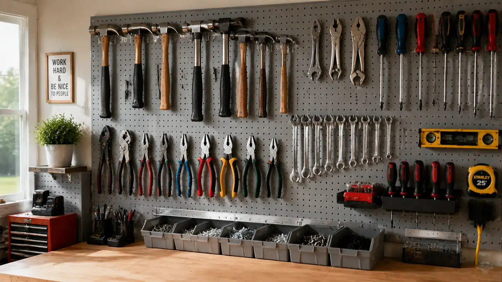 Workshop pegboard with tools neatly hung