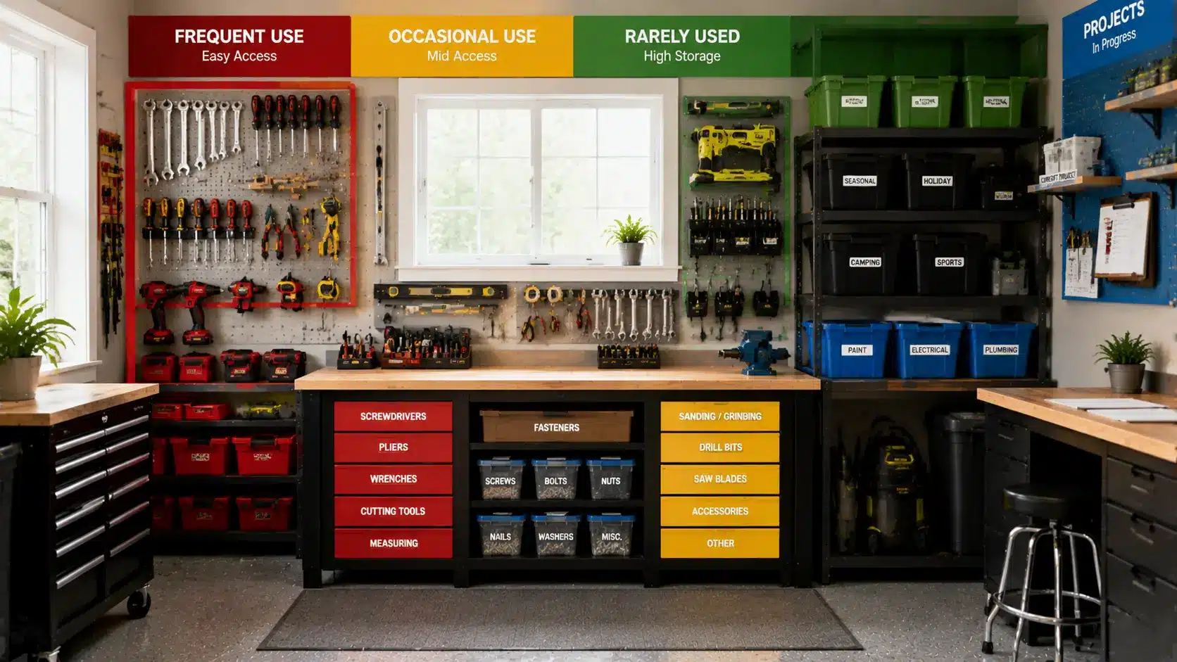 Workshop with color-coded storage zones and organized tools