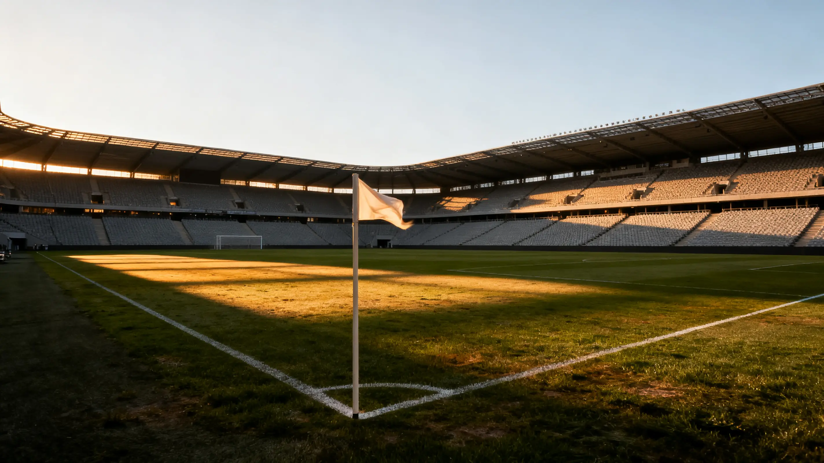 Empty football stadium with corner flag, illuminated by warm sunlight during sunset