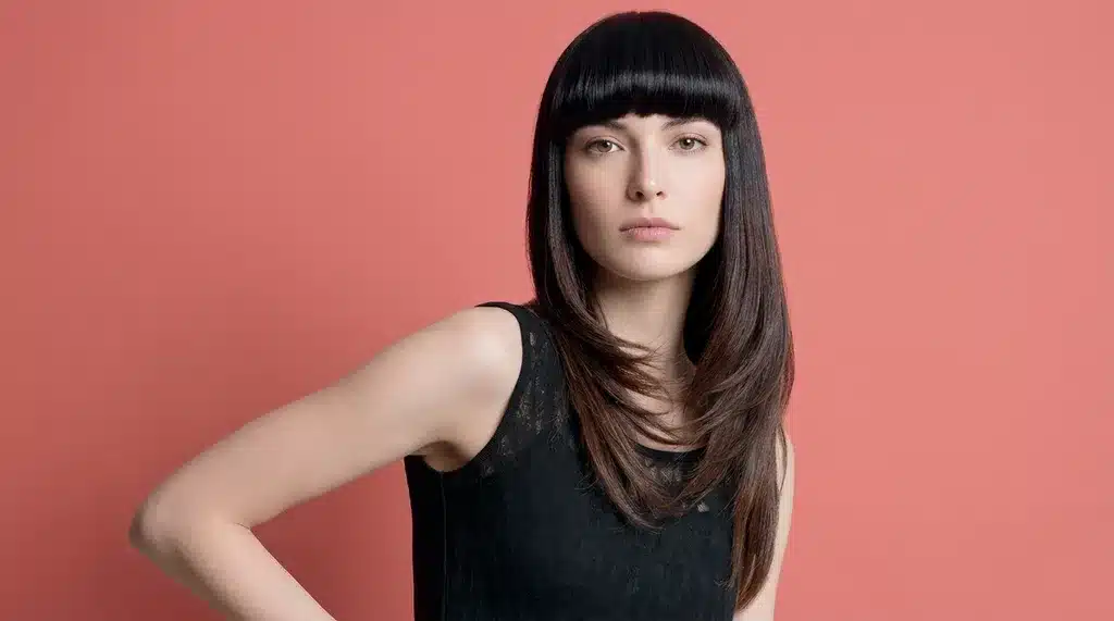 Brow skimming fringe sitting just above the eyebrows with a natural expression in a soft indoor setting