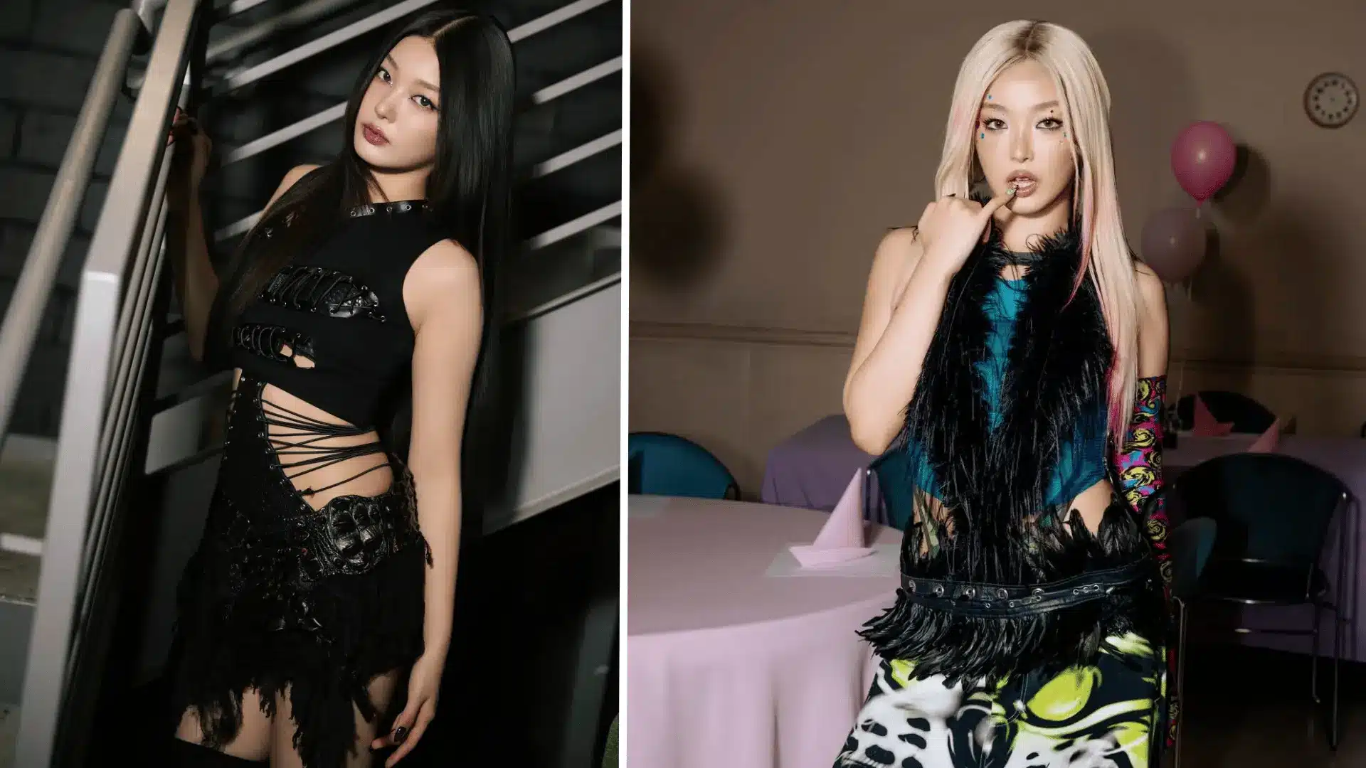 Side-by-side images of Yoonchae Jeung, one in a black cutout outfit indoors on a staircase, one in a colorful outfit with feather details indoors with balloons