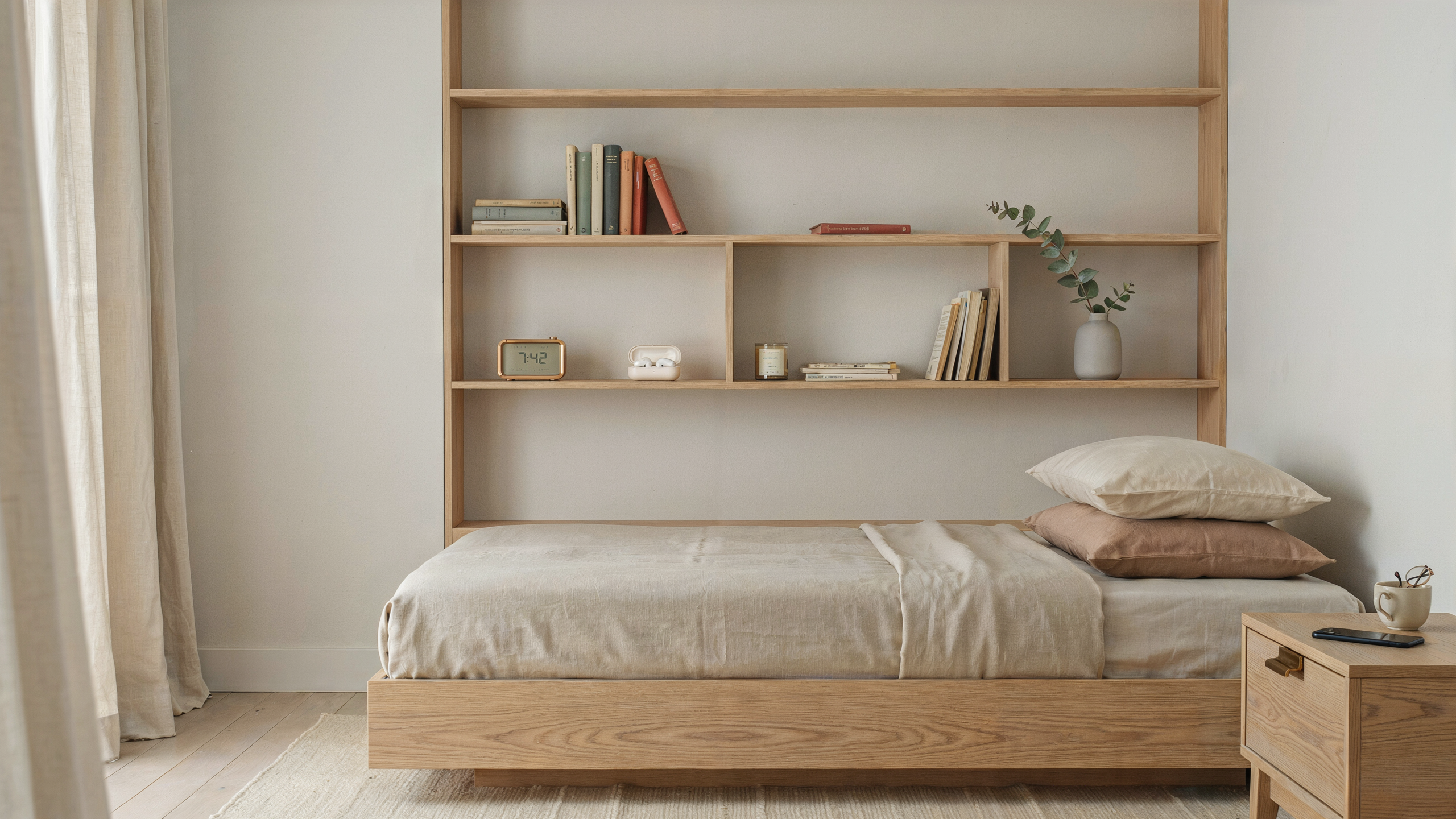 Bed with a headboard containing shelves and cubbies holding books, phone, and bedside items, neutral, minimalist bedroom.